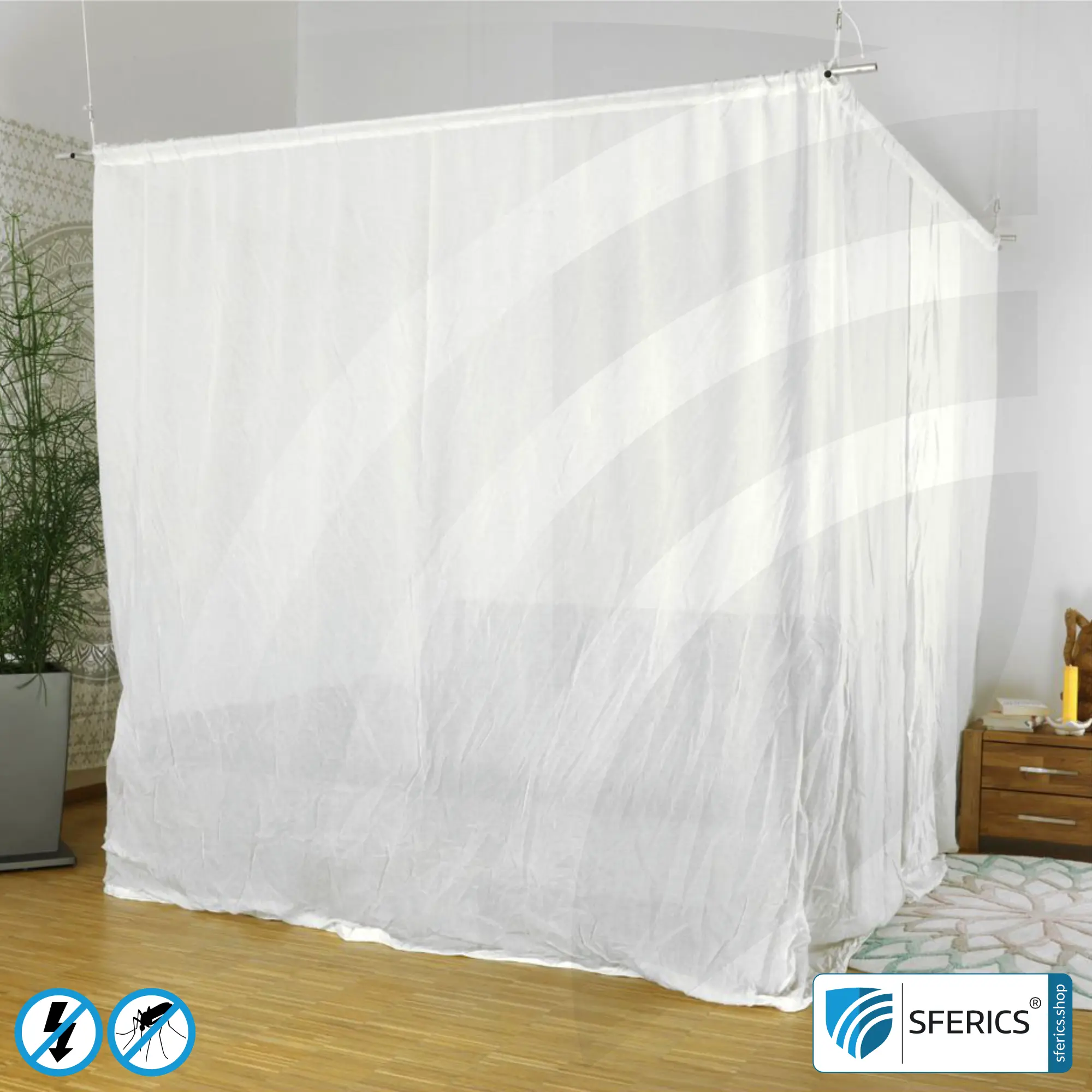 Shielding canopy electrosmog EMF | DOUBLE BED or GRAND KING SIZE | Shielding effectiveness HF up to 99,99% (40 dB) | SFERICS® invest4life program | High reduction of RF radiation, WIFI, etc. 3 Shielding canopy electrosmog EMF | DOUBLE BED or GRAND KING SIZE | Shielding effectiveness HF up to 99,99% (40 dB) | SFERICS® invest4life program | High reduction of RF radiation, WIFI, etc.