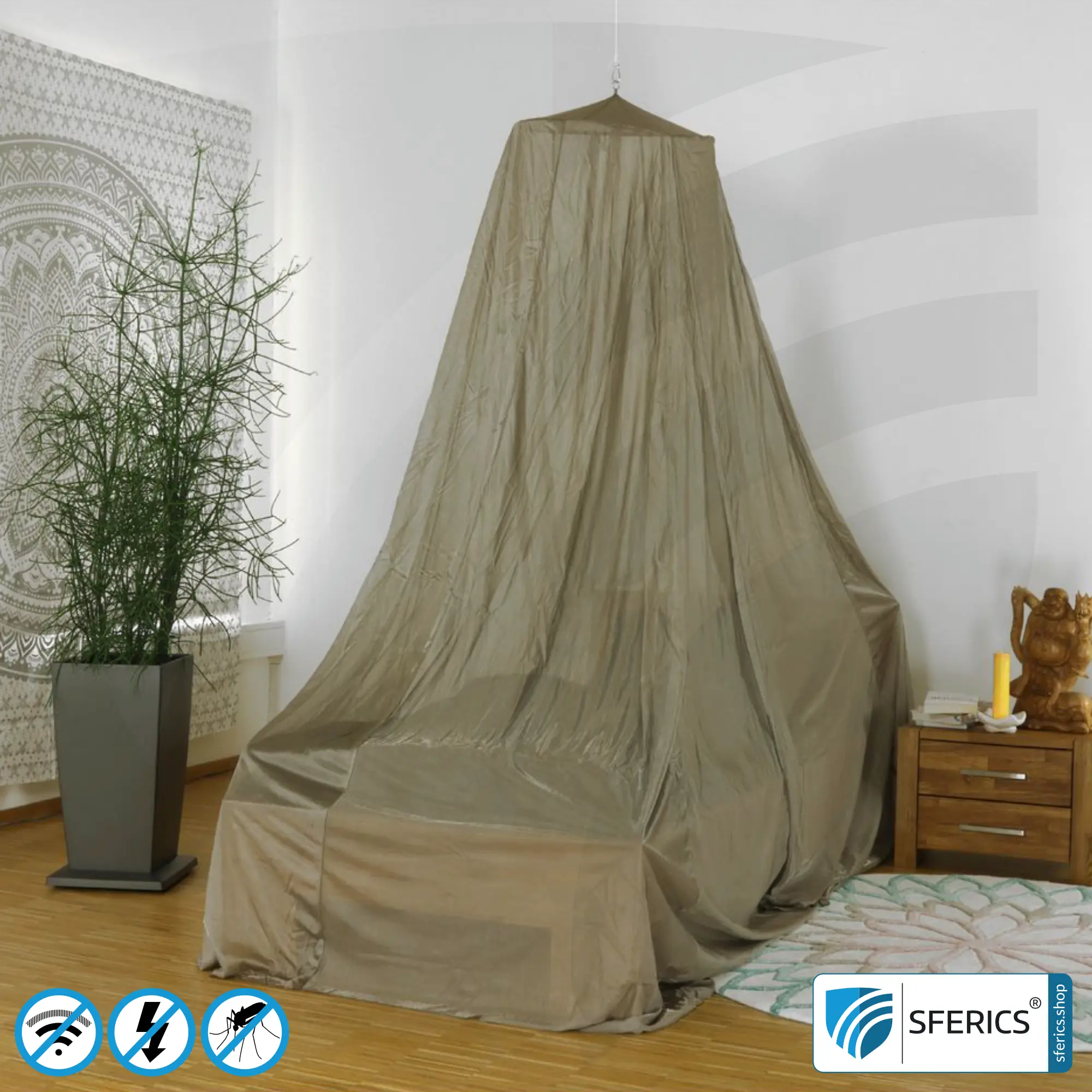 Shielding canopy electrosmog BUDGET | SINGLE BED, pyramid shape | Shielding EMF over 99,99% (44 dB) | Groundable LF | Made in China
